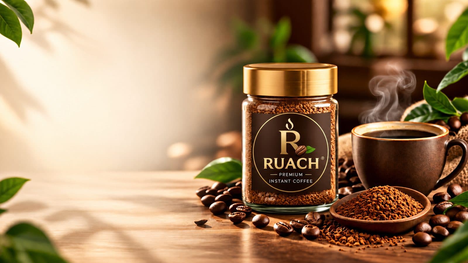 Ruach Premium Instant Coffee jar with a steaming cup and coffee beans
