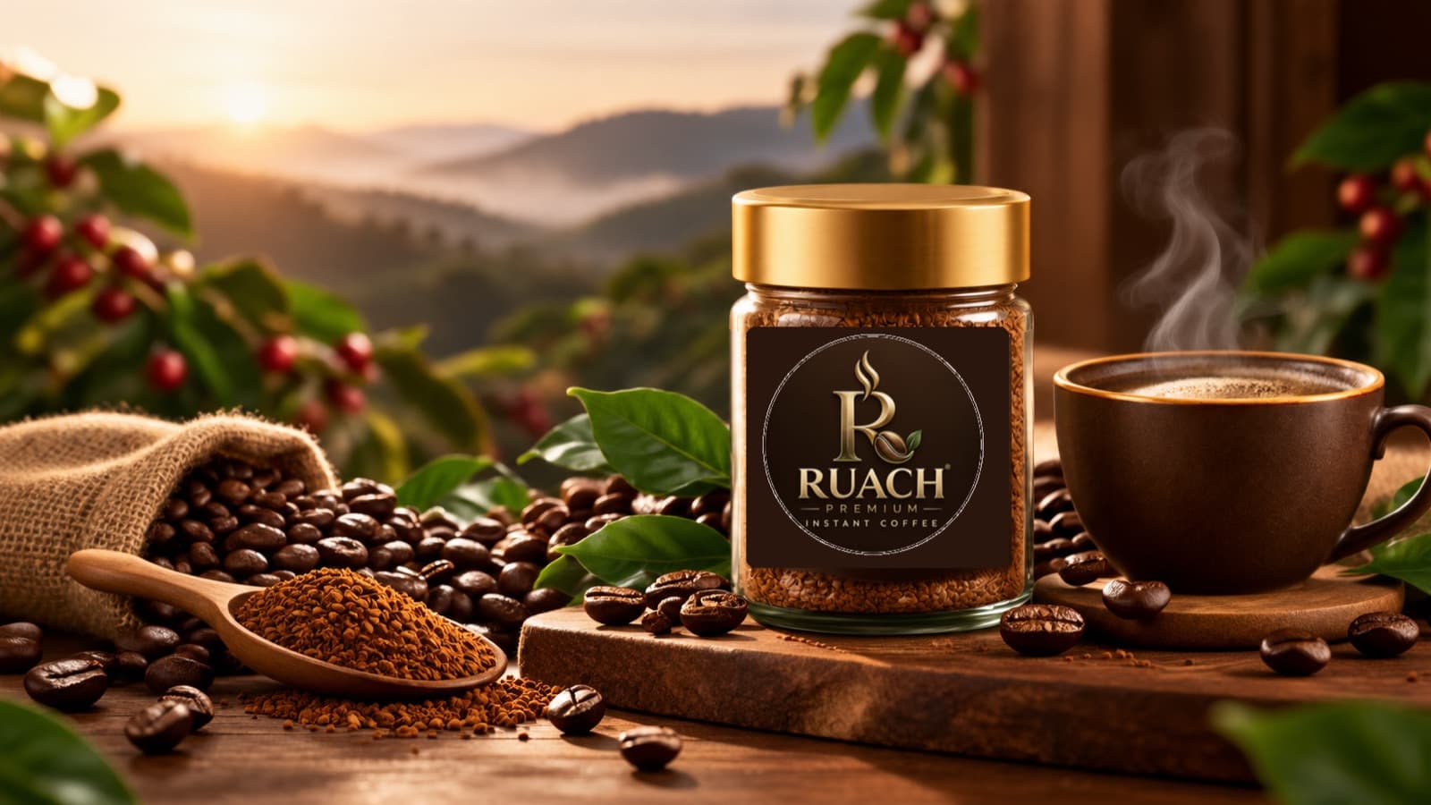 Ruach Premium Instant Coffee jar at sunrise among coffee plants