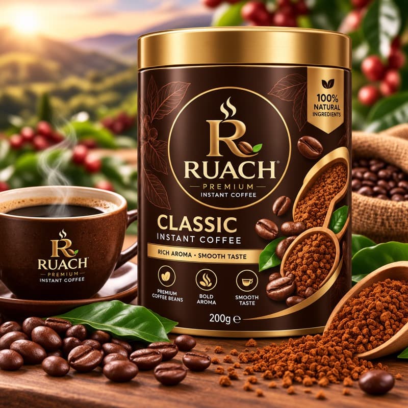 A cup of Ruach coffee with beans and a wooden scoop
